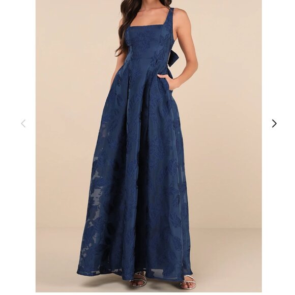 Lulus Perfected Aura Navy Jacquard Tie-back Maxi Dress With Pockets Blue - Picture 1 of 2